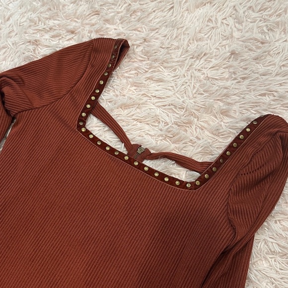 Free People NWT Square Neck Bronze Studded Simone Wine Bordeaux Midi Dress in XL - Picture 6 of 9